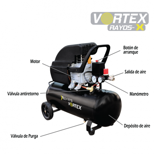 Compresor lubricado de 3.5 HP con tanque de 30 litros. VORTEX